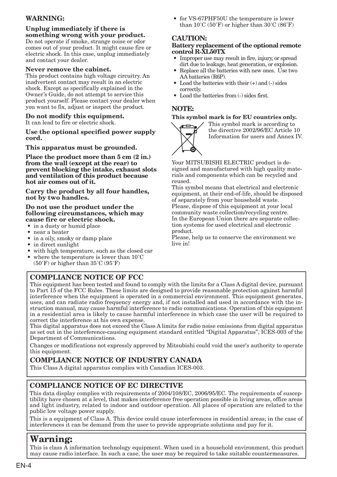 Mitsubishi Electronics VS-67PH50U-SN user manual Never remove the cabinet, This symbol mark is for EU countries only 