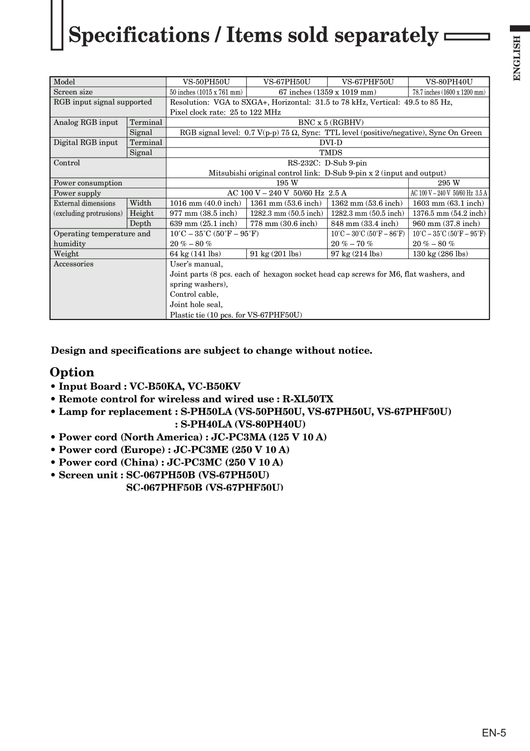 Mitsubishi Electronics VS-67PH50U-SN user manual Specifications / Items sold separately, VS-67PHF50U 