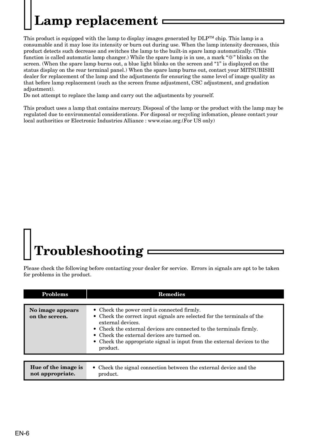 Mitsubishi Electronics VS-67PH50U-SN user manual Lamp replacement, Troubleshooting, No image appears on the screen 