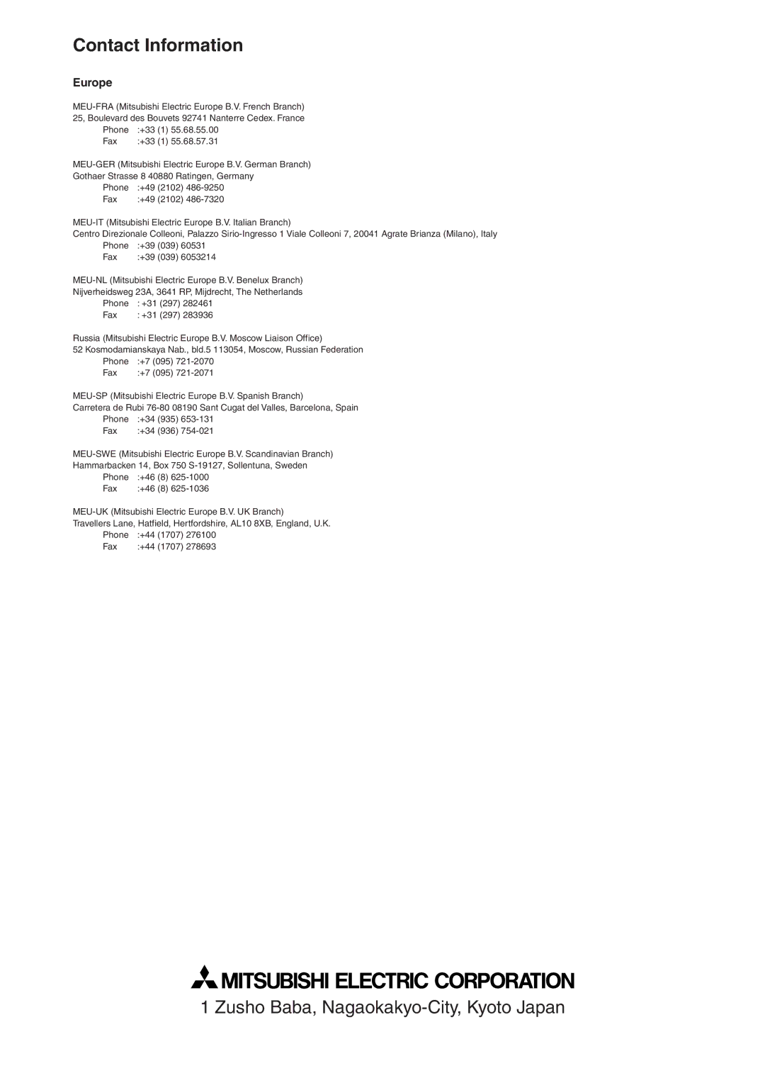 Mitsubishi Electronics VS-67PH50U-SN user manual Contact Information 