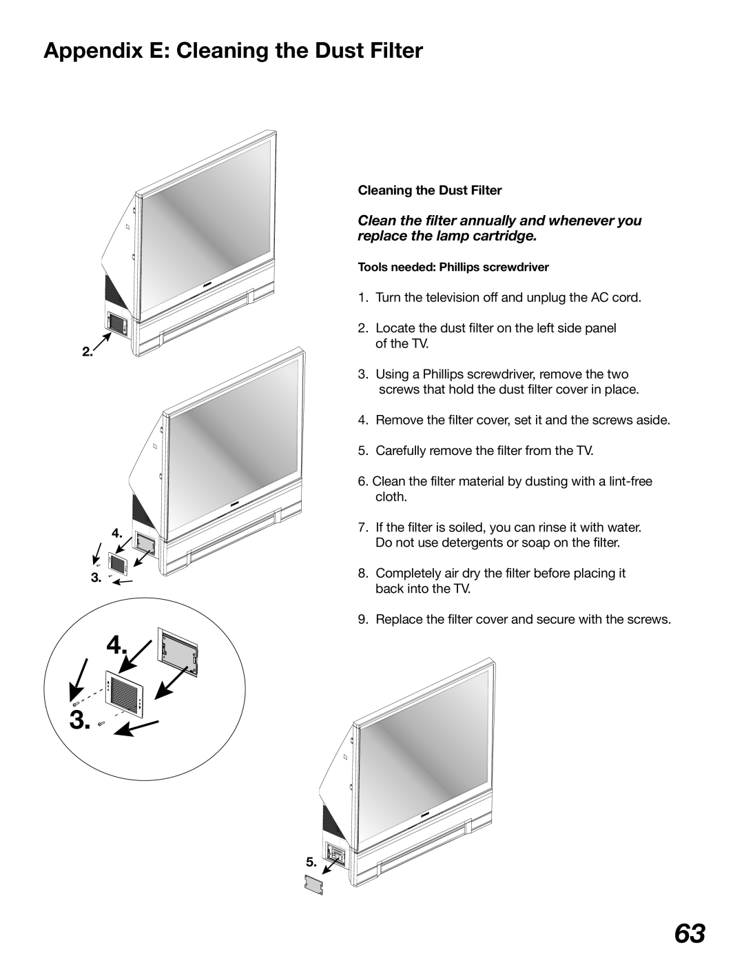 Mitsubishi Electronics WD-62327, WD-52327 manual Appendix E Cleaning the Dust Filter 