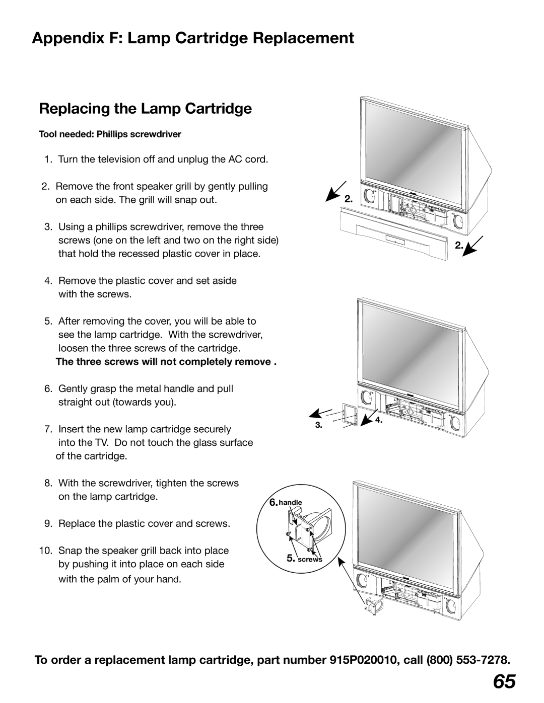 Mitsubishi Electronics WD-62327, WD-52327 manual Replacing the Lamp Cartridge, Tool needed Phillips screwdriver 