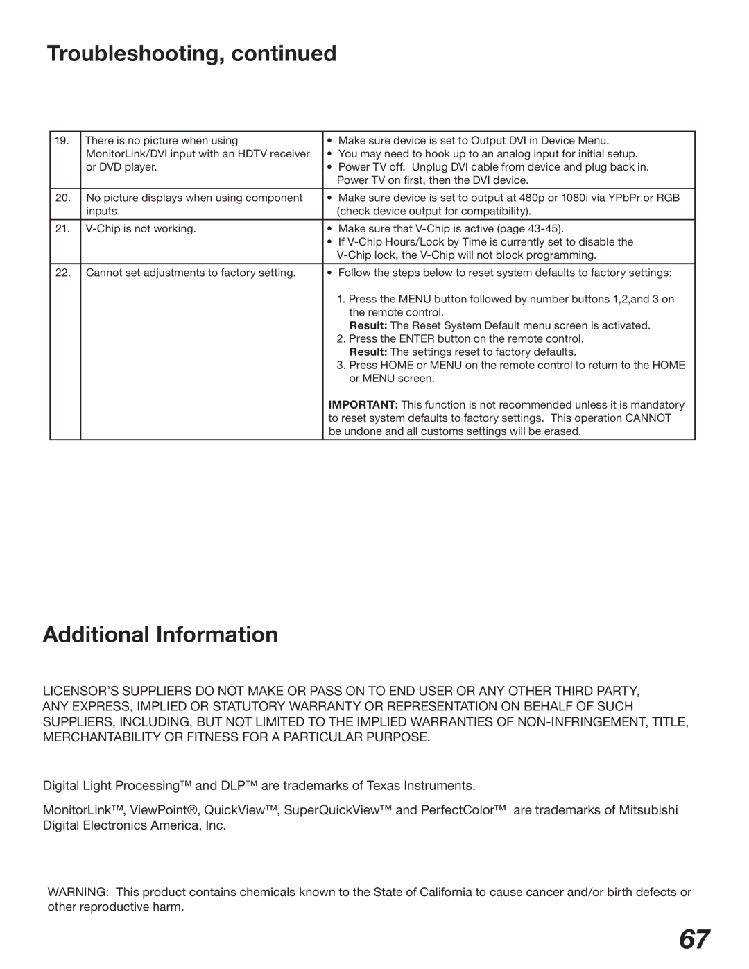 Mitsubishi Electronics WD-62327, WD-52327 manual Additional Information 