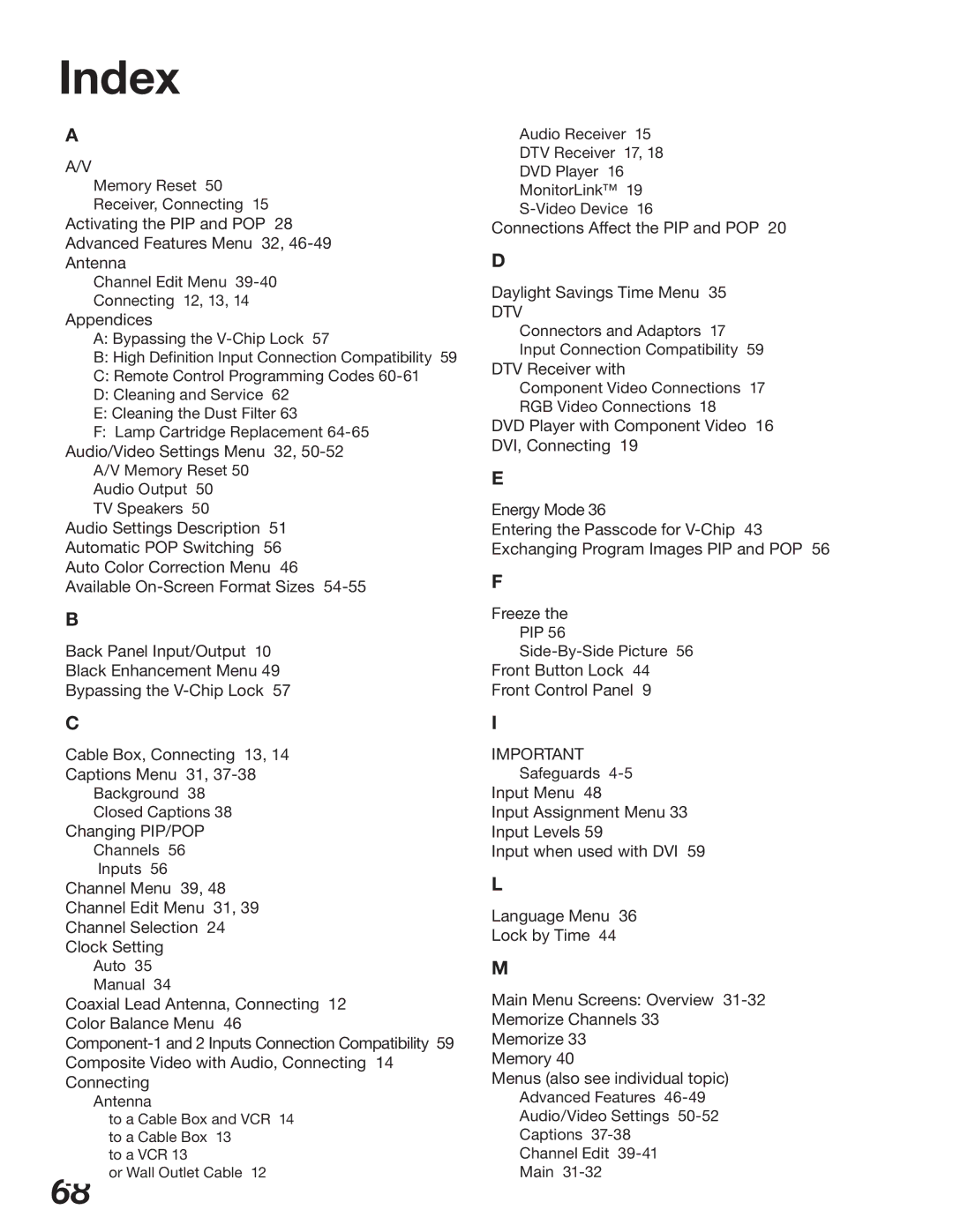 Mitsubishi Electronics WD-52327, WD-62327 manual Index 