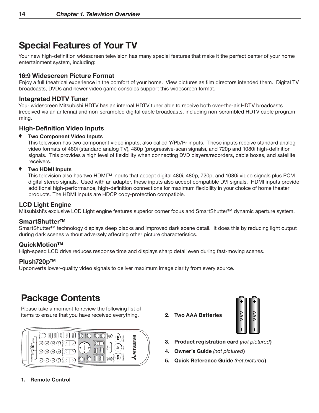 Mitsubishi Electronics WD-52526 manual Special Features of Your TV, Package Contents 