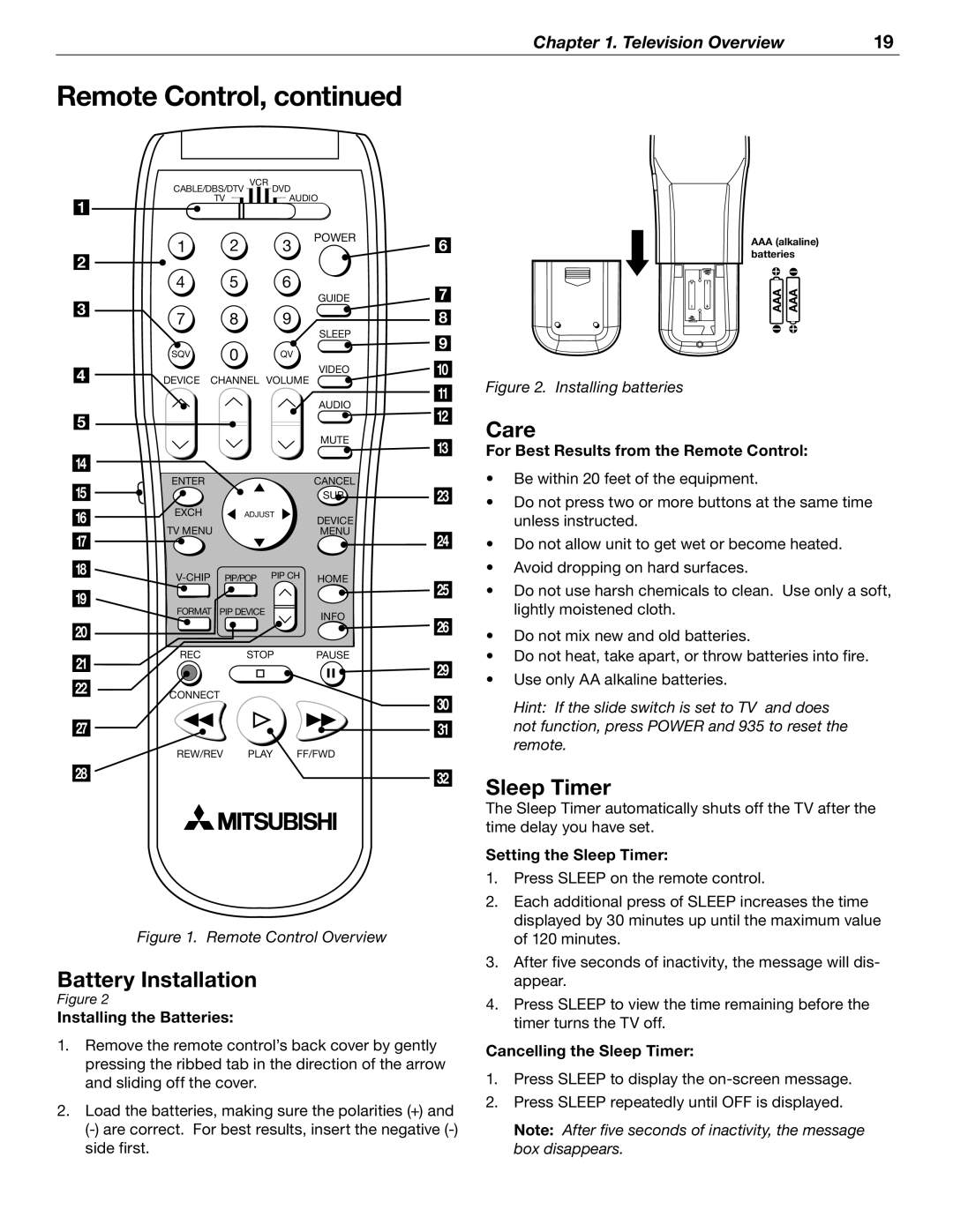 Mitsubishi Electronics WD-52526 manual Battery Installation, Care, Sleep Timer 