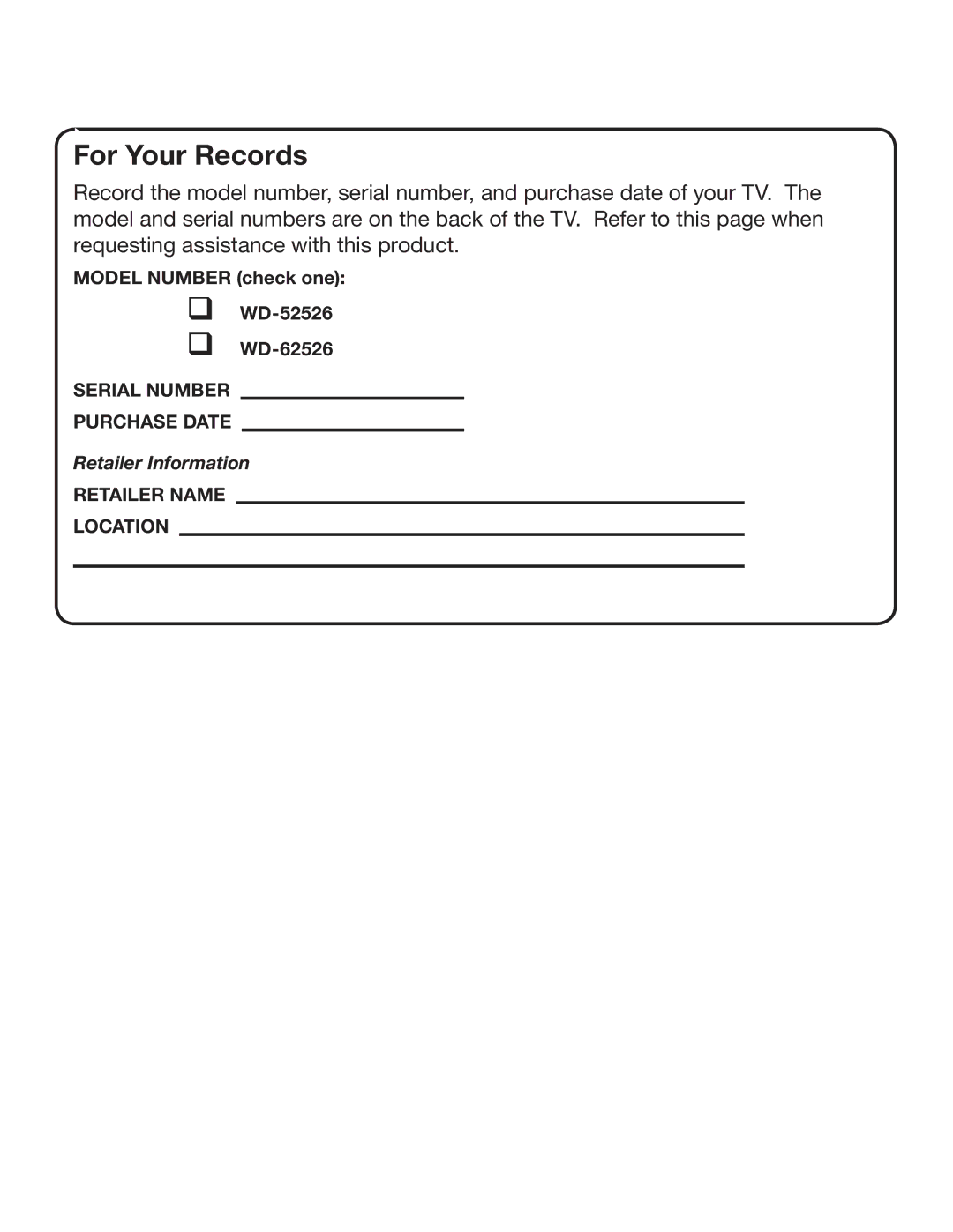 Mitsubishi Electronics manual For Your Records, Model Number check one WD-52526 WD-62526 