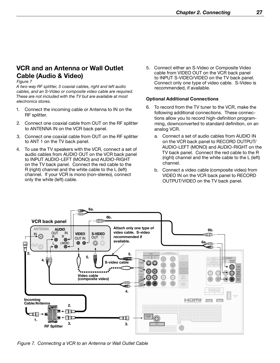 Mitsubishi Electronics WD-52526 VCR and an Antenna or Wall Outlet Cable Audio & Video, Optional Additional Connections 