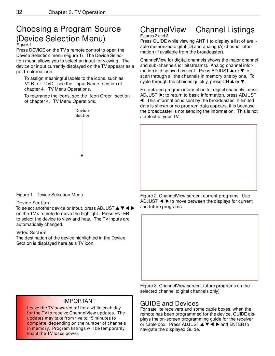 Mitsubishi Electronics WD-52526 manual ChannelView Channel Listings, Guide and Devices, Device Section, Video Section 