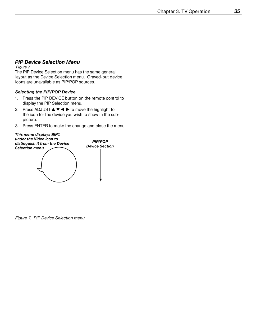 Mitsubishi Electronics WD-52526 manual PIP Device Selection Menu, Selecting the PIP/POP Device 