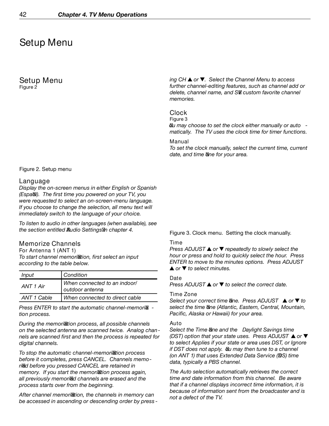 Mitsubishi Electronics WD-52526 manual Setup Menu, Language, Memorize Channels, Clock 