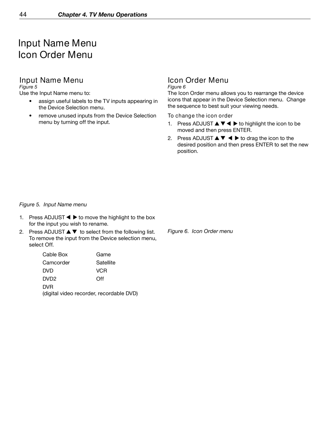 Mitsubishi Electronics WD-52526 manual Input Name Menu Icon Order Menu, To change the icon order 