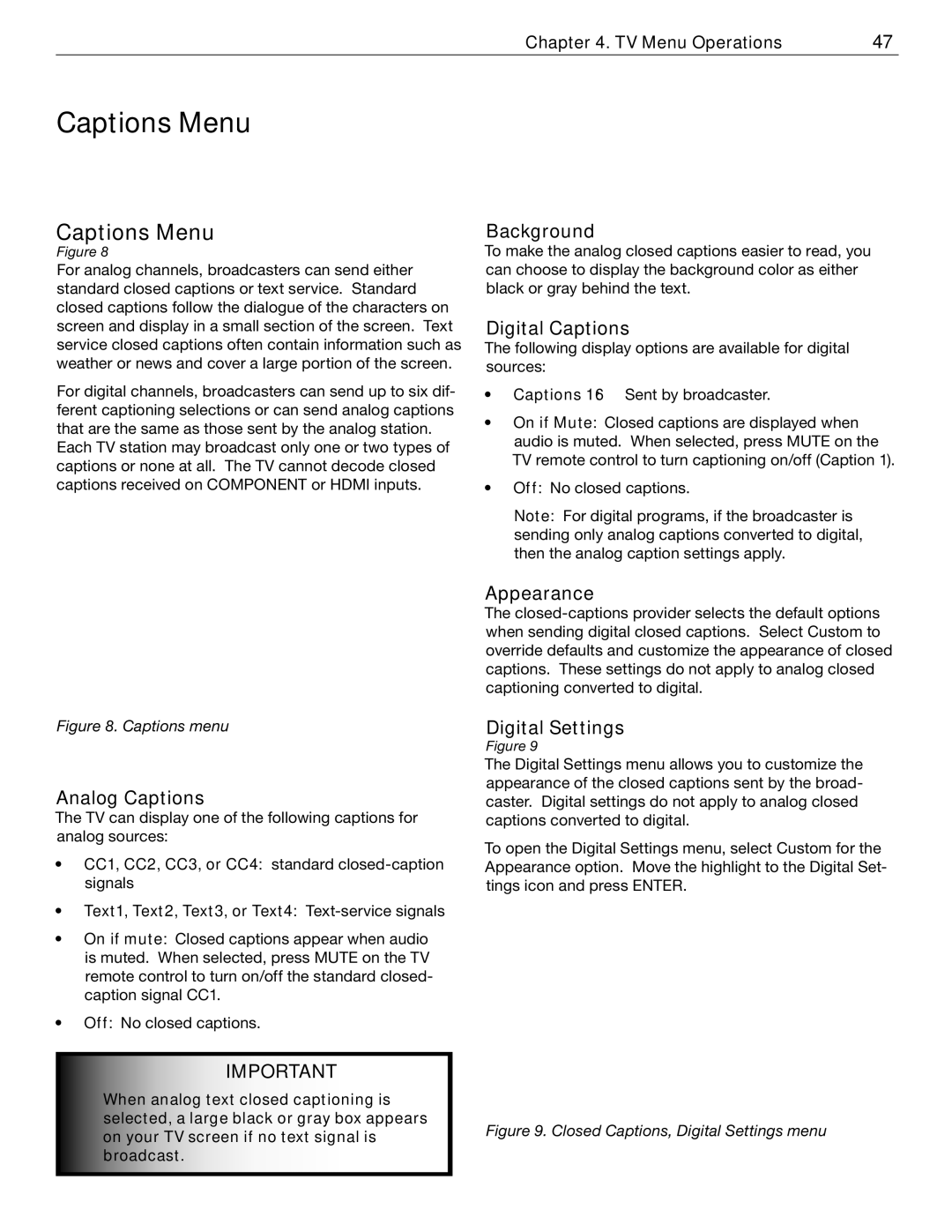 Mitsubishi Electronics WD-52526 manual Captions Menu 