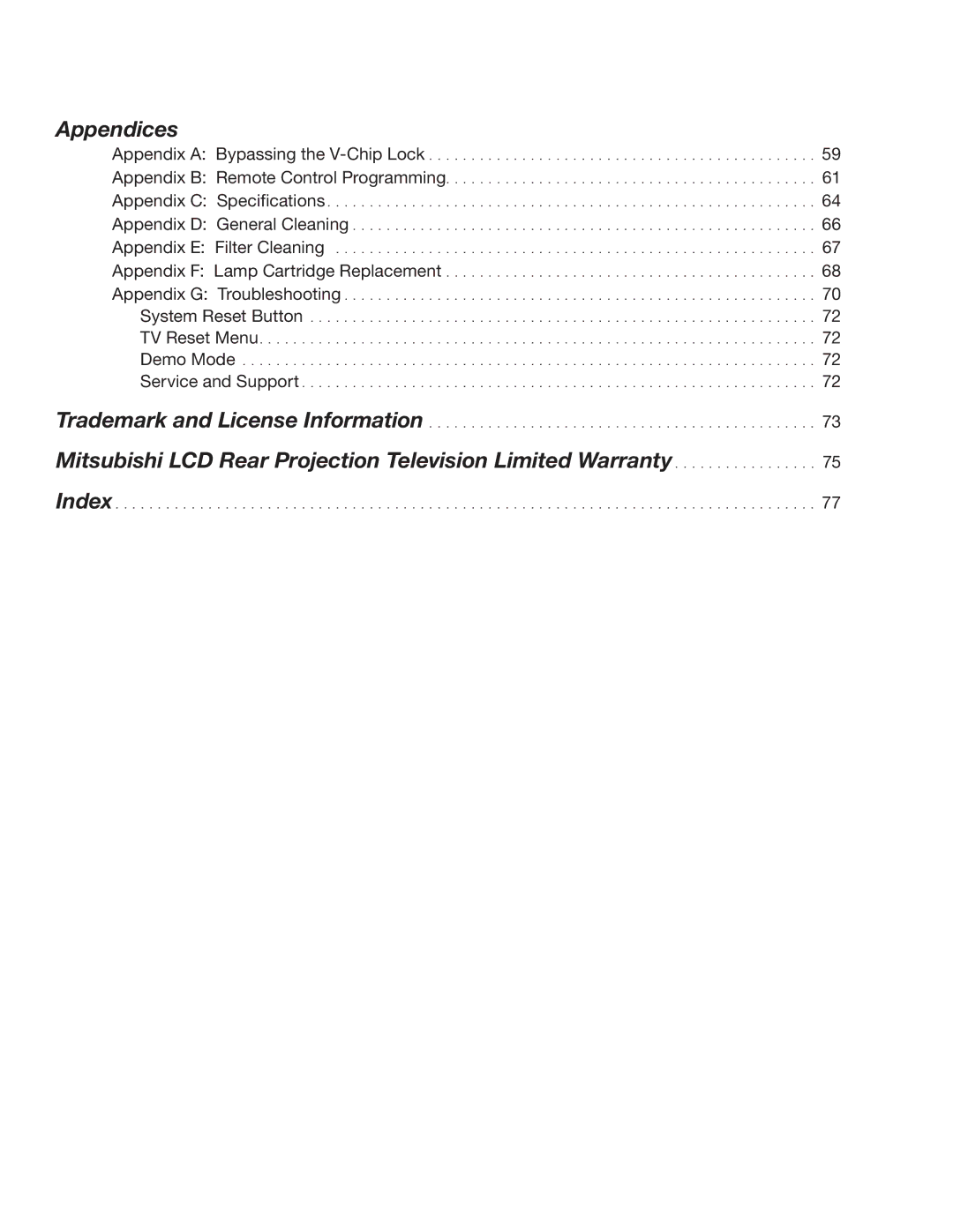 Mitsubishi Electronics WD-52526 manual Appendices 