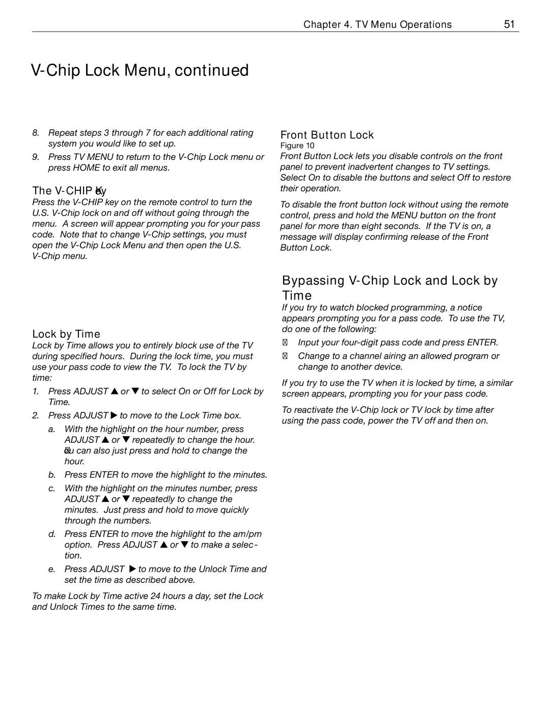 Mitsubishi Electronics WD-52526 manual Bypassing V‑Chip Lock and Lock by Time, V-CHIP Key, Front Button Lock 