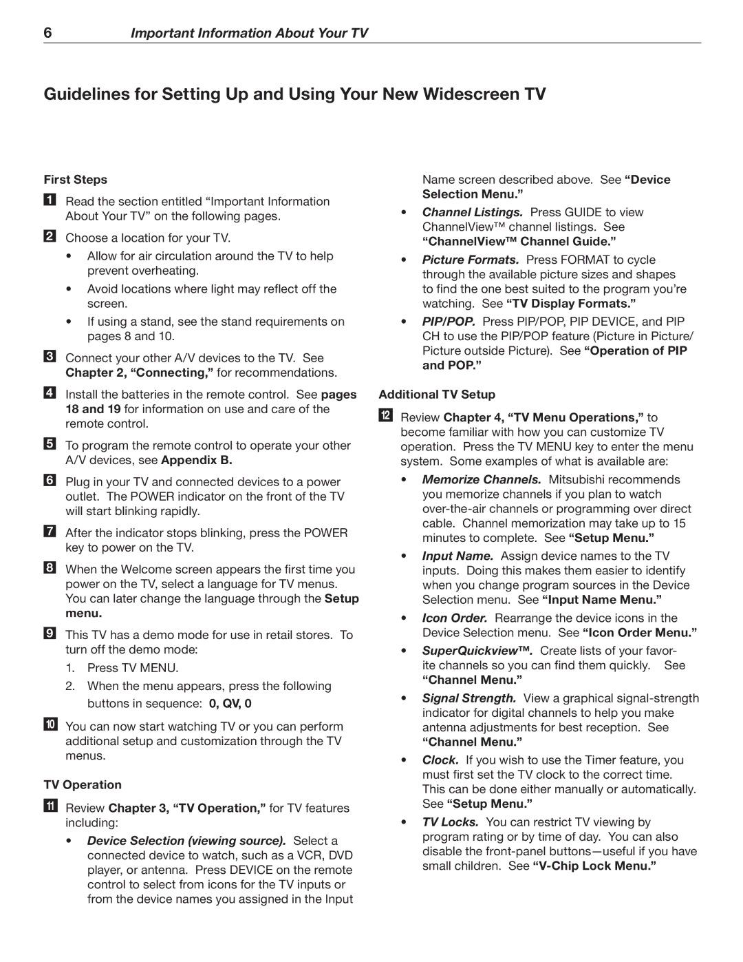 Mitsubishi Electronics WD-52526 Guidelines for Setting Up and Using Your New Widescreen TV, First Steps, Selection Menu 