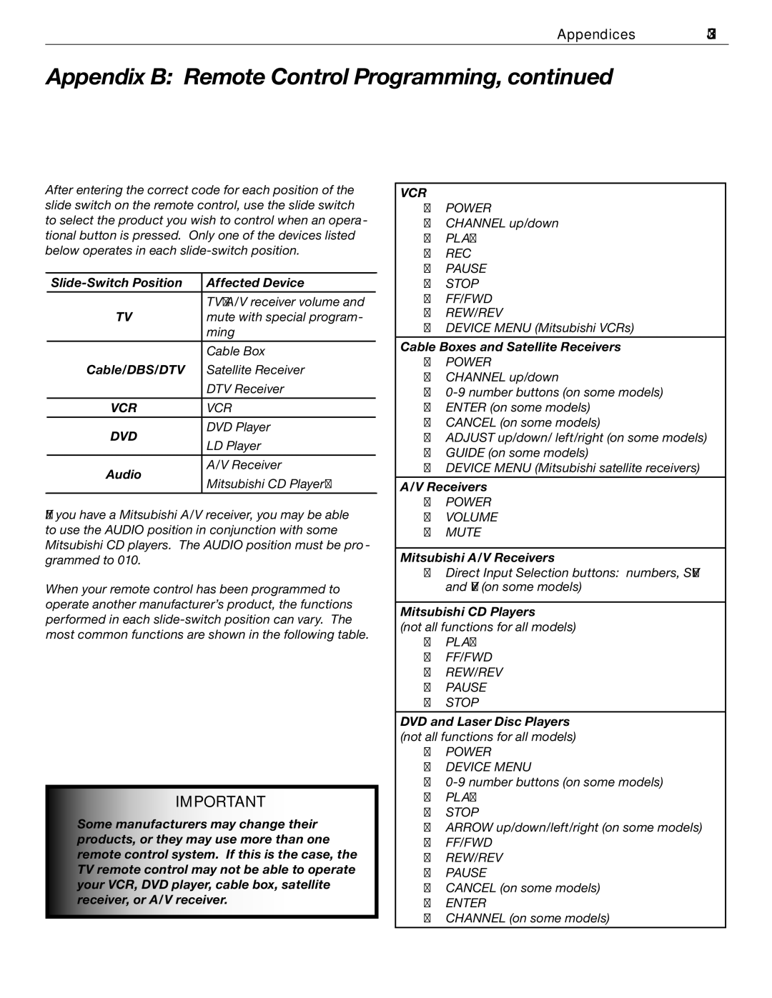 Mitsubishi Electronics WD-52526 manual Slide-Switch Position Affected Device, Cable/DBS/DTV, Audio, Receivers 