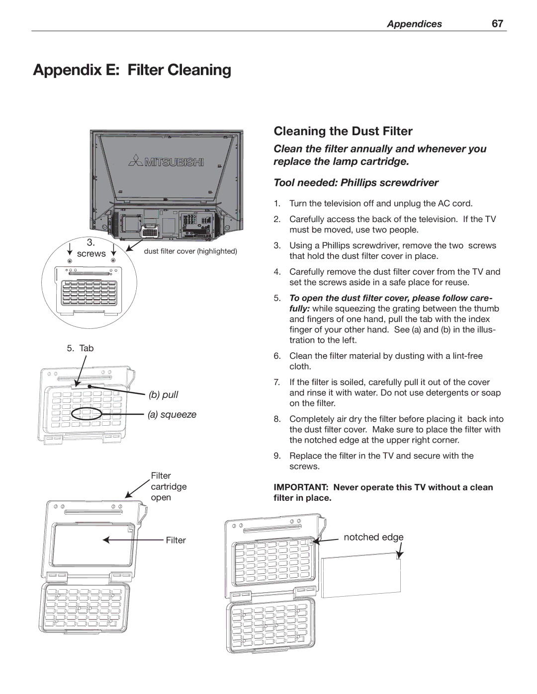 Mitsubishi Electronics WD-52526 manual Appendix E Filter Cleaning, Cleaning the Dust Filter 