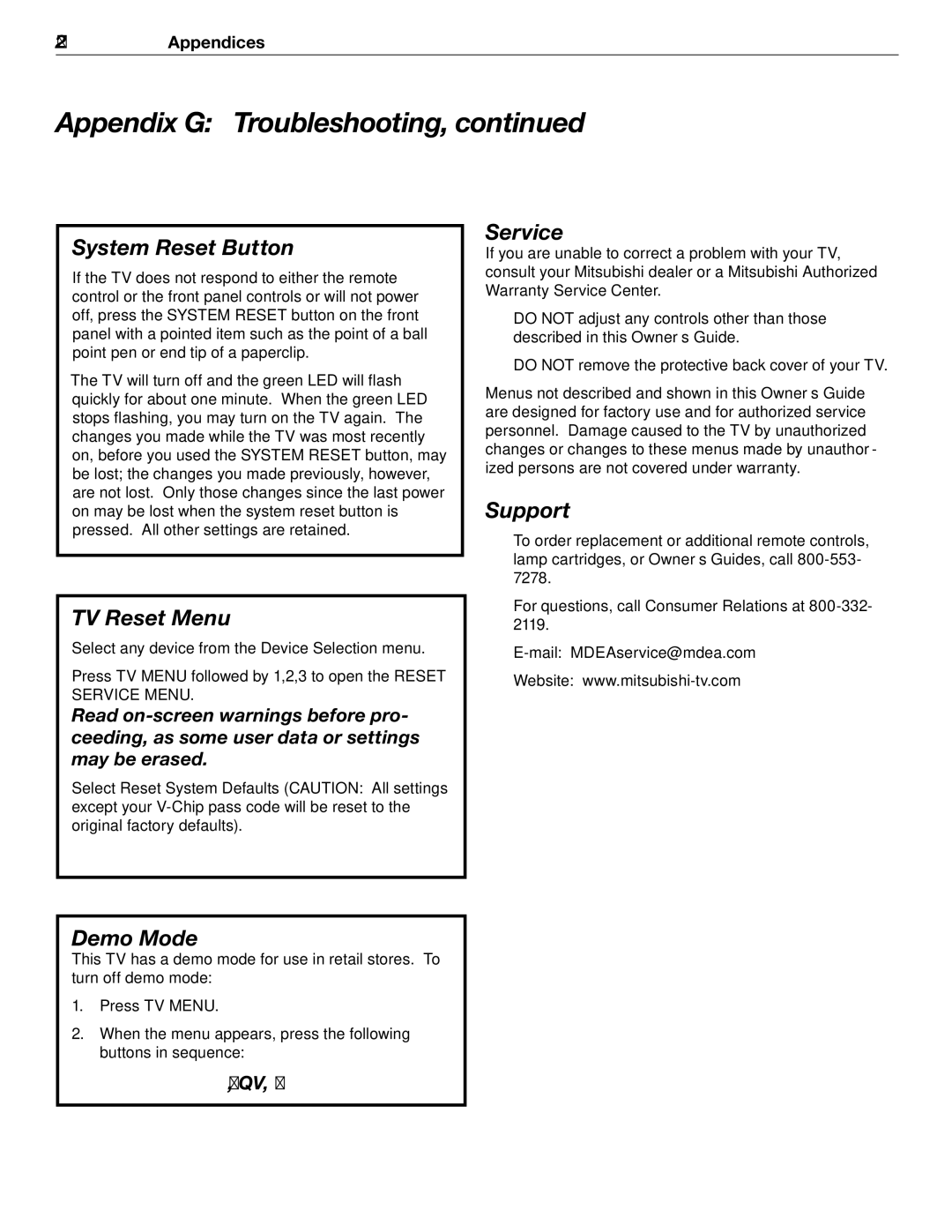 Mitsubishi Electronics WD-52526 manual System Reset Button, TV Reset Menu, Service, Support, Demo Mode 