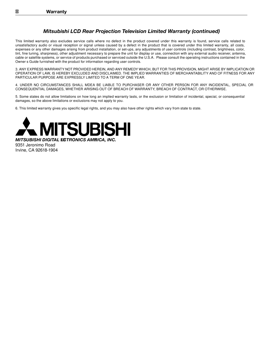 Mitsubishi Electronics WD-52526 manual Mitsubishi LCD Rear Projection Television Limited Warranty 