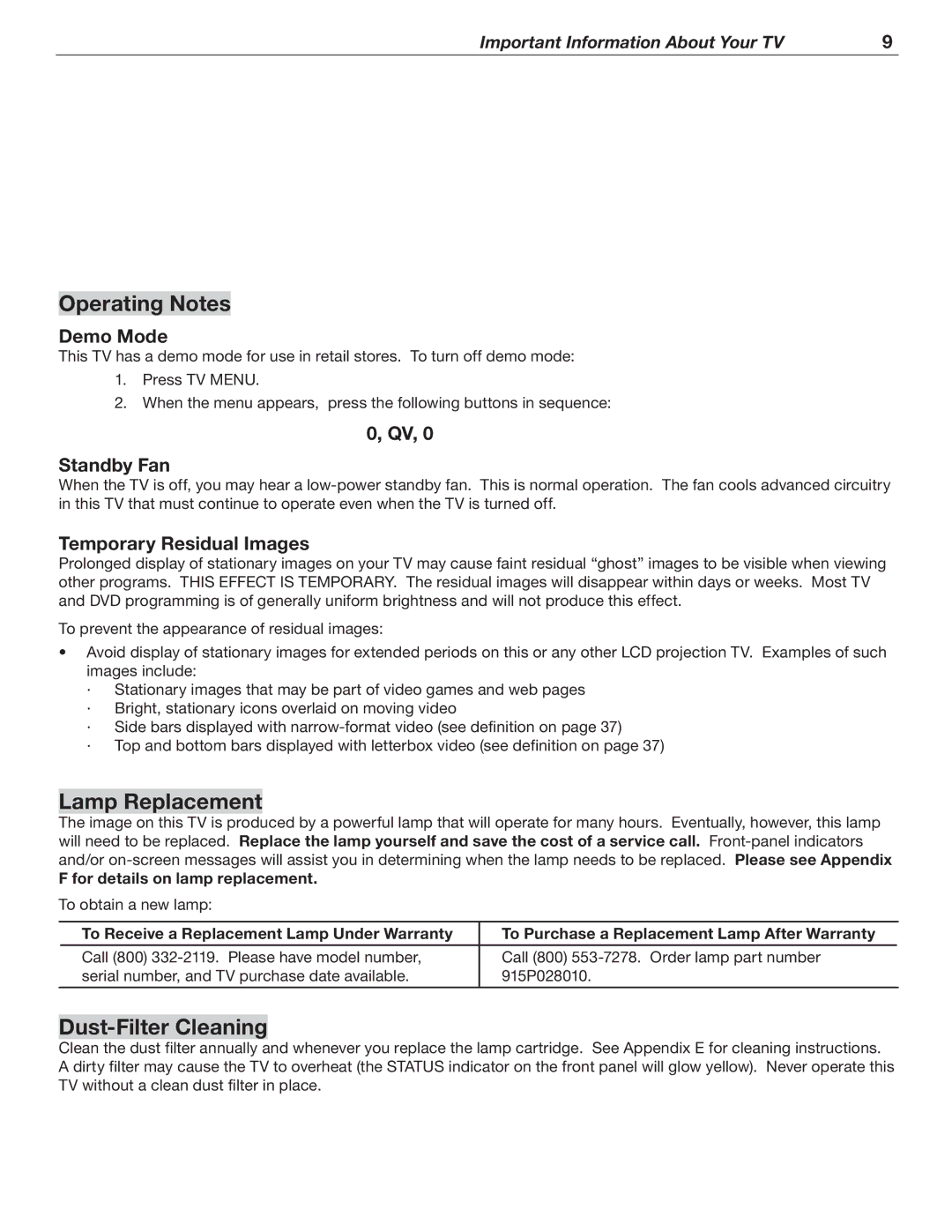 Mitsubishi Electronics WD-52526 manual Operating Notes, Lamp Replacement, Dust-Filter Cleaning 