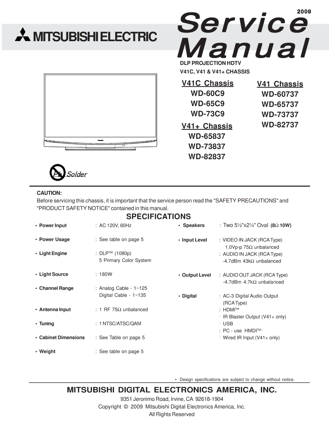 Mitsubishi Electronics WD-73837, WD-52527 specifications Specifications, Mitsubishi Digital Electronics AMERICA, INC 