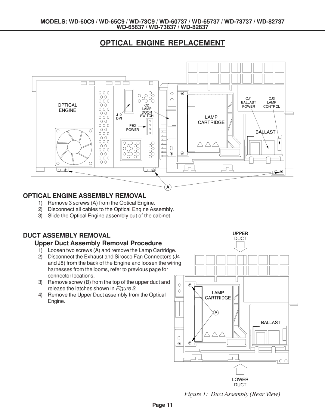 Mitsubishi Electronics WD-73837 Optical Engine Replacement, Optical Engine Assembly Removal, Duct Assembly Removal 