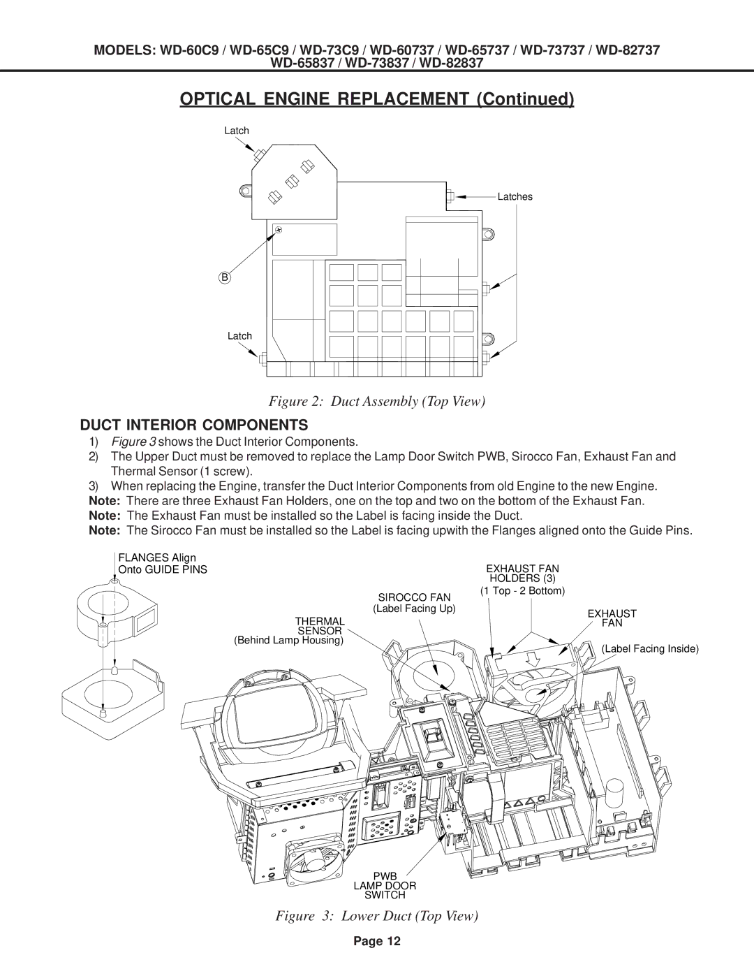 Mitsubishi Electronics WD-73737, WD-52527, WD-73837, WD-65737, WD-65C9 Optical Engine Replacement, Duct Interior Components 