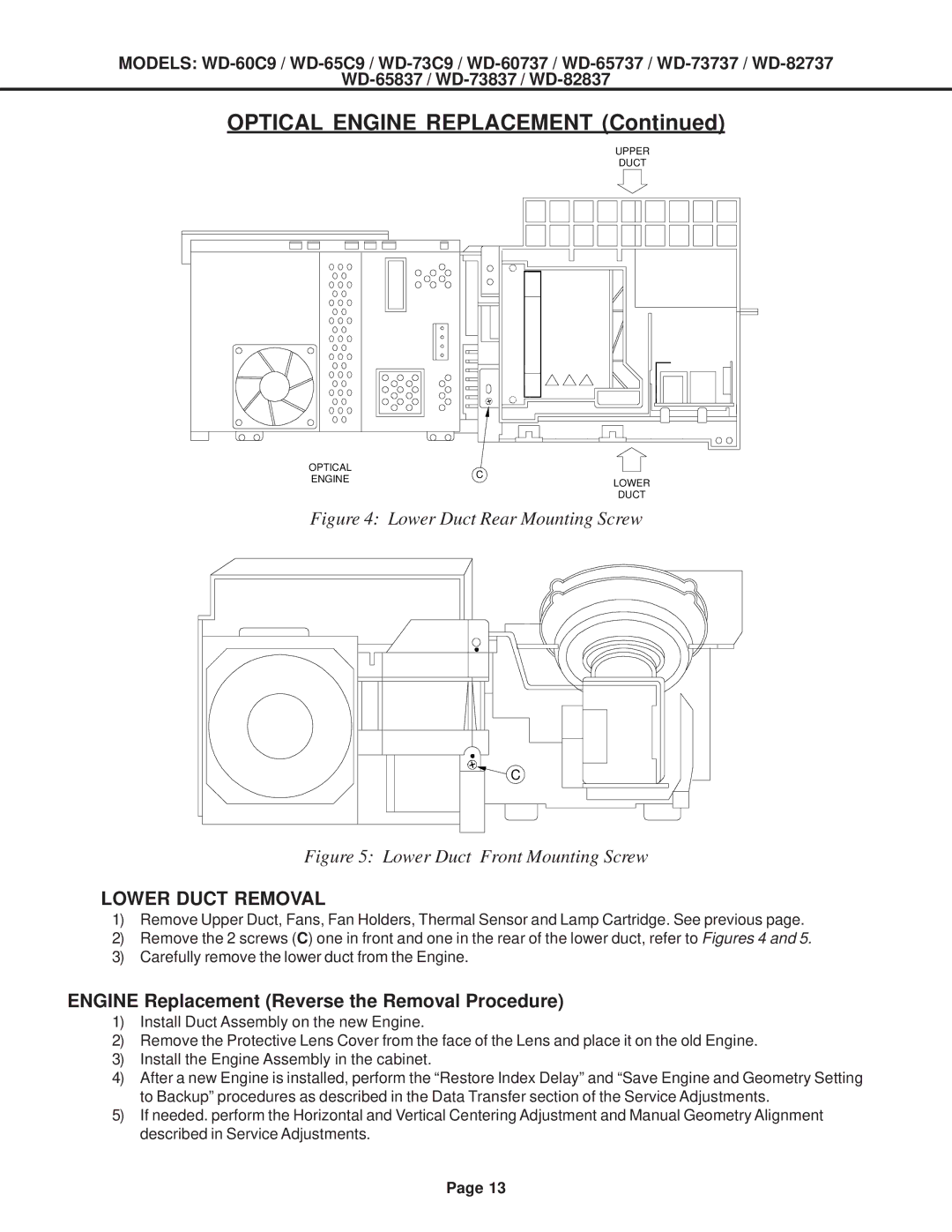 Mitsubishi Electronics WD-65737, WD-52527, WD-73837 Lower Duct Removal, Engine Replacement Reverse the Removal Procedure 