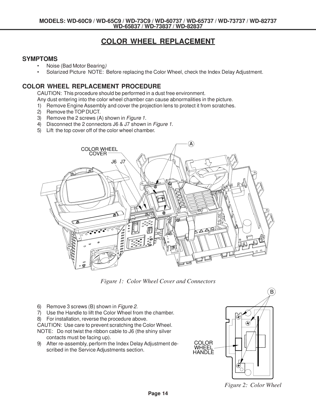 Mitsubishi Electronics WD-65C9, WD-52527, WD-73837, WD-73737, WD-65737 Symptoms, Color Wheel Replacement Procedure 