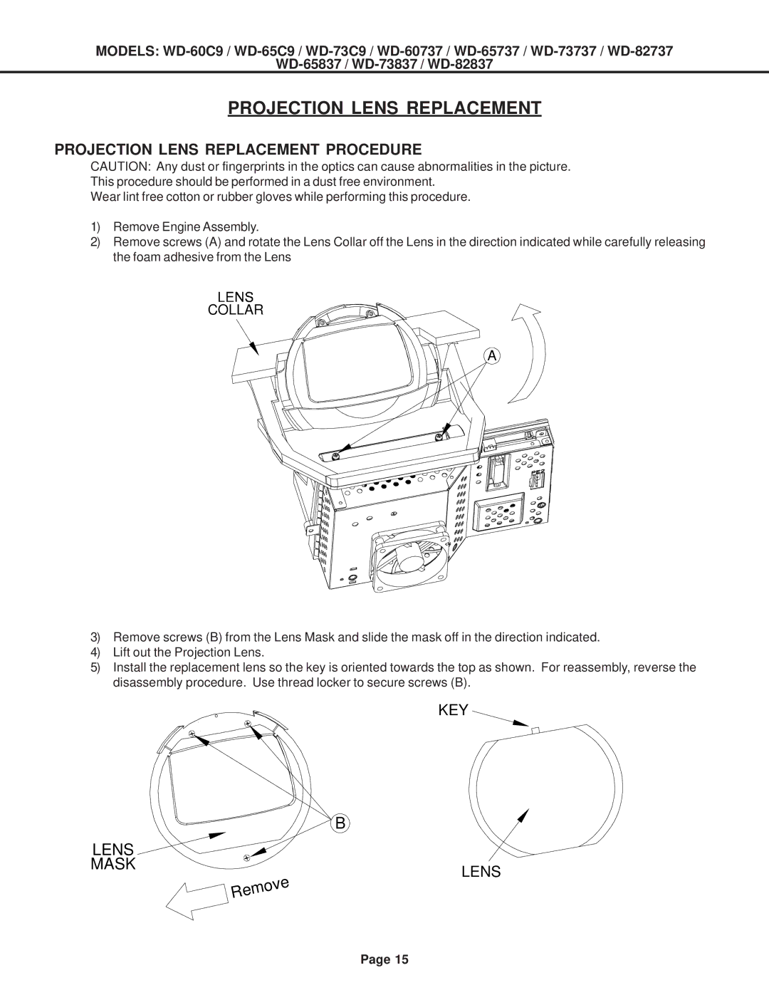 Mitsubishi Electronics WD-60737, WD-52527, WD-73837, WD-73737, WD-65737, WD-65C9 Projection Lens Replacement Procedure 