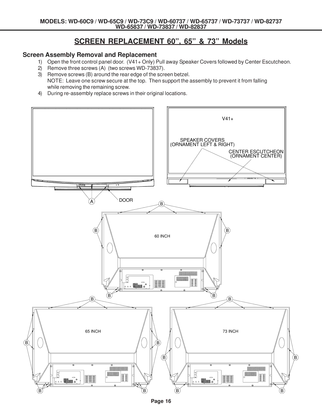 Mitsubishi Electronics WD-65837, WD-52527 Screen Replacement 60, 65 & 73 Models, Screen Assembly Removal and Replacement 