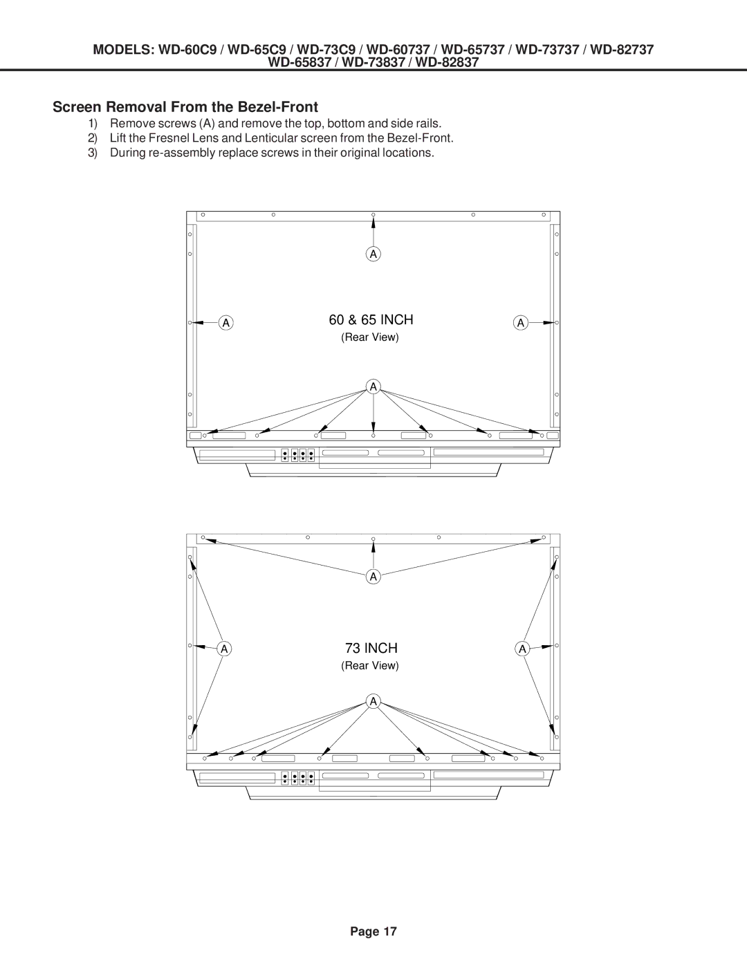 Mitsubishi Electronics WD-82737, WD-52527, WD-73837, WD-73737, WD-65737, WD-65C9, WD-60737 Screen Removal From the Bezel-Front 