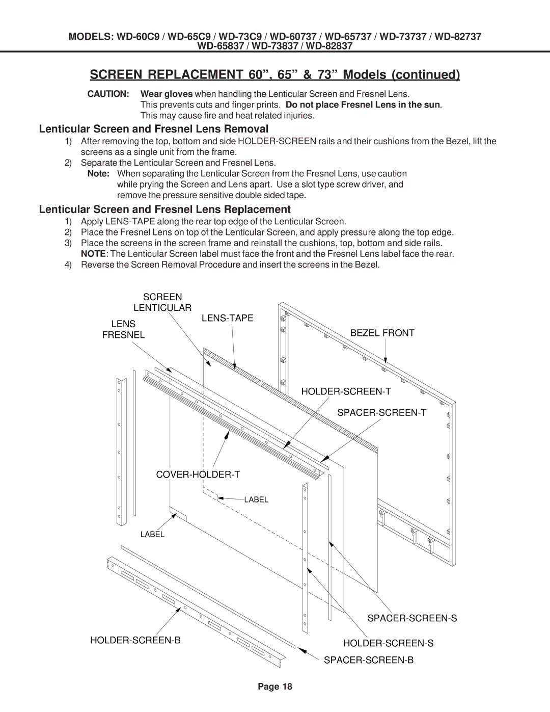 Mitsubishi Electronics WD-73C9 Lenticular Screen and Fresnel Lens Removal, Lenticular Screen and Fresnel Lens Replacement 