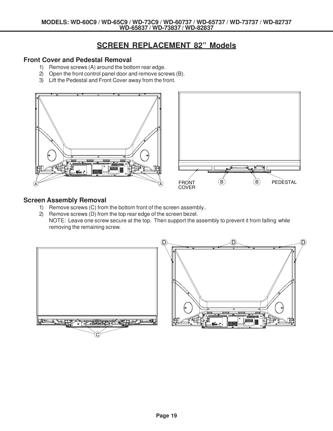 Mitsubishi Electronics WD-82837, WD-52527, WD-73837, WD-73737 Front Cover and Pedestal Removal, Screen Assembly Removal 