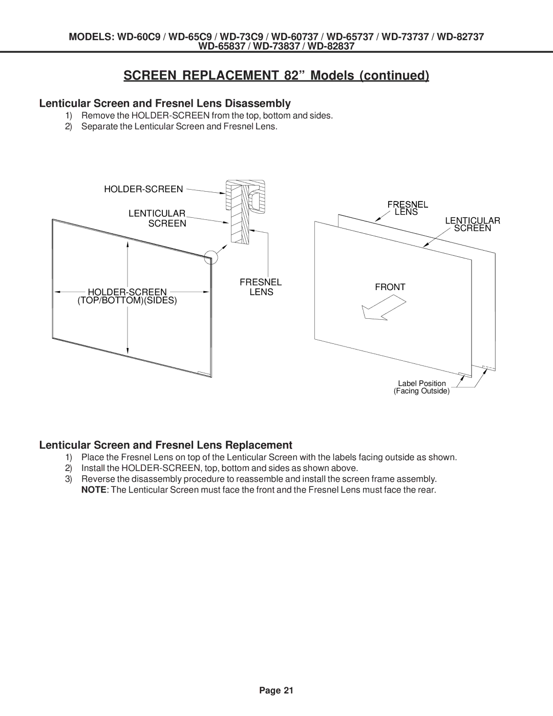 Mitsubishi Electronics WD-73837, WD-52527, WD-73737, WD-65737, WD-65C9, WD-73C9 Lenticular Screen and Fresnel Lens Disassembly 