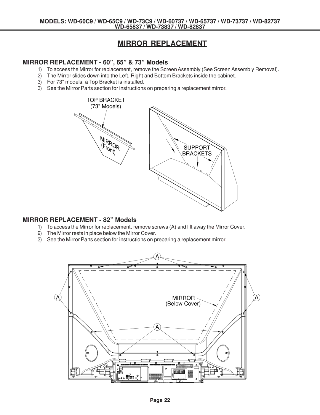 Mitsubishi Electronics WD-73737, WD-52527, WD-73837 Mirror Replacement 60, 65 & 73 Models, Mirror Replacement 82 Models 