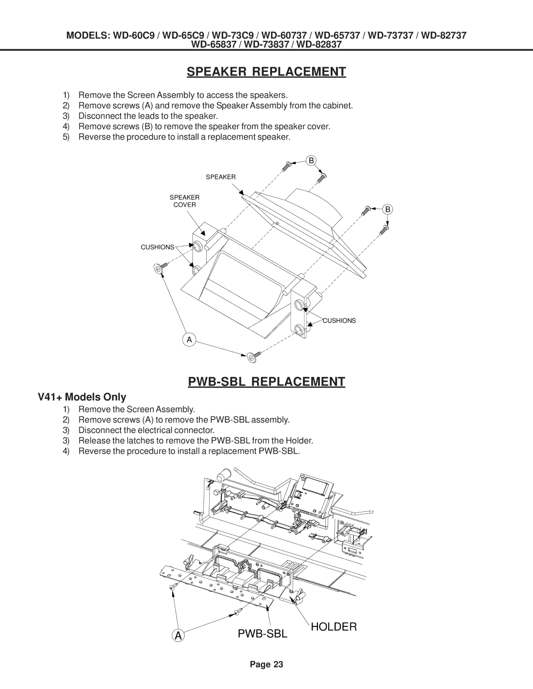 Mitsubishi Electronics WD-65737, WD-52527, WD-73837, WD-73737 Speaker Replacement, PWB-SBL Replacement, V41+ Models Only 