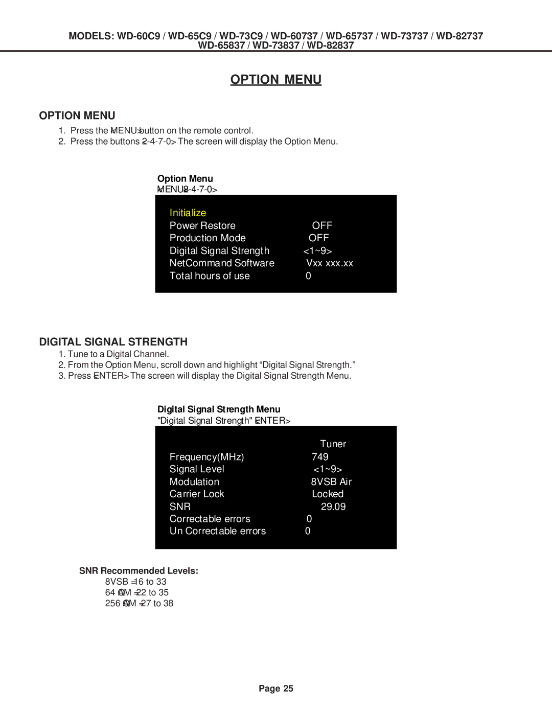 Mitsubishi Electronics WD-60737, WD-52527, WD-73837, WD-73737, WD-65737, WD-65C9, WD-65837 Option Menu, Digital Signal Strength 