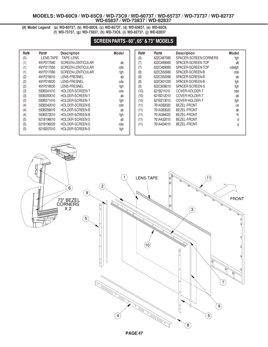 Mitsubishi Electronics WD-82737, WD-52527, WD-73837, WD-73737, WD-65737, WD-65C9, WD-60737 Screen Parts 60, 65 & 73 Models 