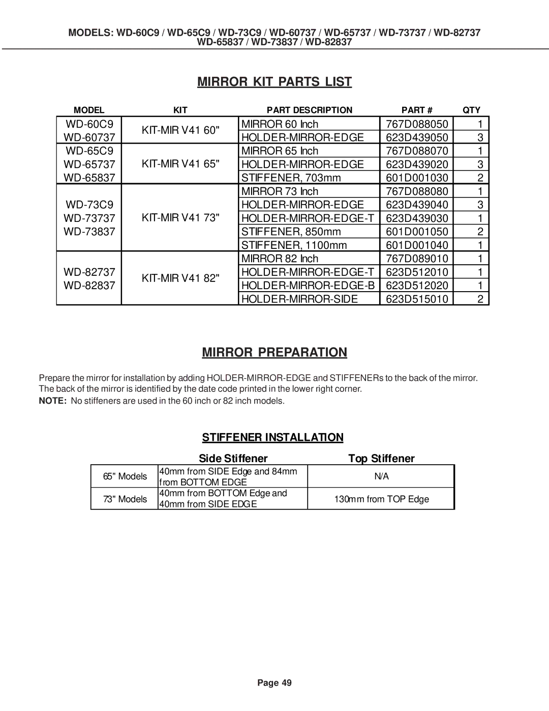 Mitsubishi Electronics WD-82837, WD-52527, WD-73837 Mirror KIT Parts List, Mirror Preparation, Stiffener Installation 