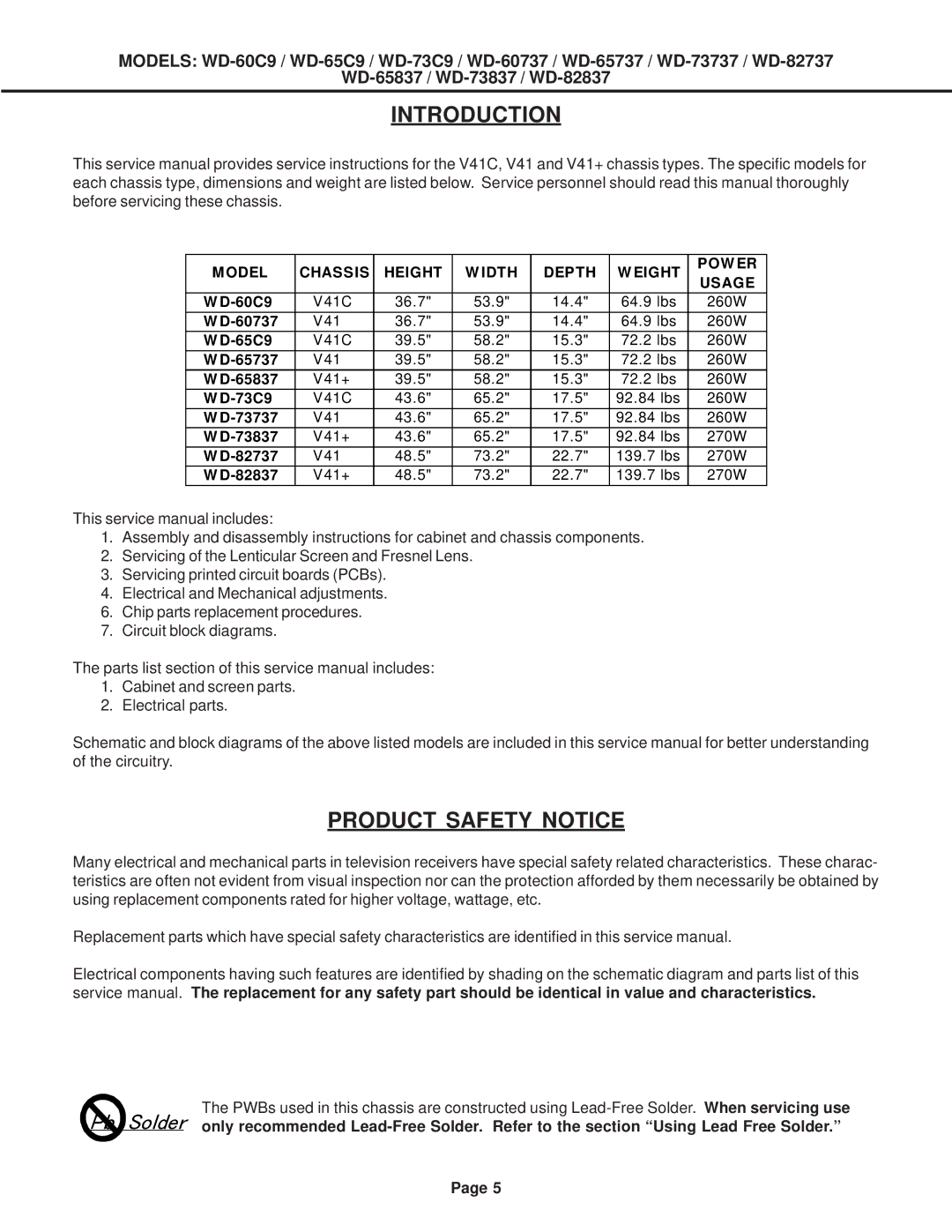 Mitsubishi Electronics WD-60737, WD-52527, WD-73837, WD-73737, WD-65737, WD-65C9, WD-65837 Introduction, Product Safety Notice 