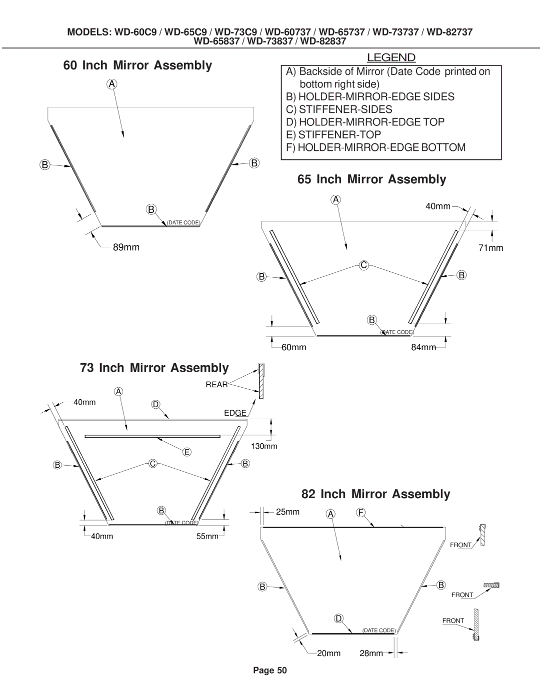 Mitsubishi Electronics WD-52527, WD-73837, WD-73737, WD-65737, WD-65C9, WD-60737, WD-65837, WD-82737 Inch Mirror Assembly 