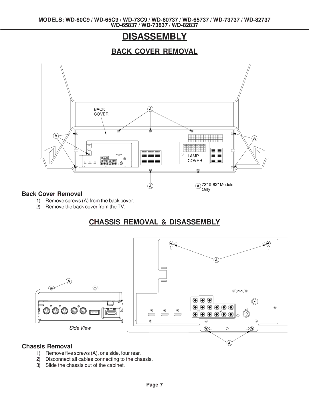 Mitsubishi Electronics WD-82737, WD-52527, WD-73837, WD-73737, WD-65737 Back Cover Removal, Chassis Removal & Disassembly 