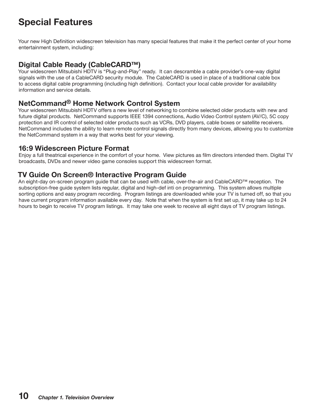 Mitsubishi Electronics WD-52527 Special Features, Digital Cable Ready CableCARD, NetCommand Home Network Control System 