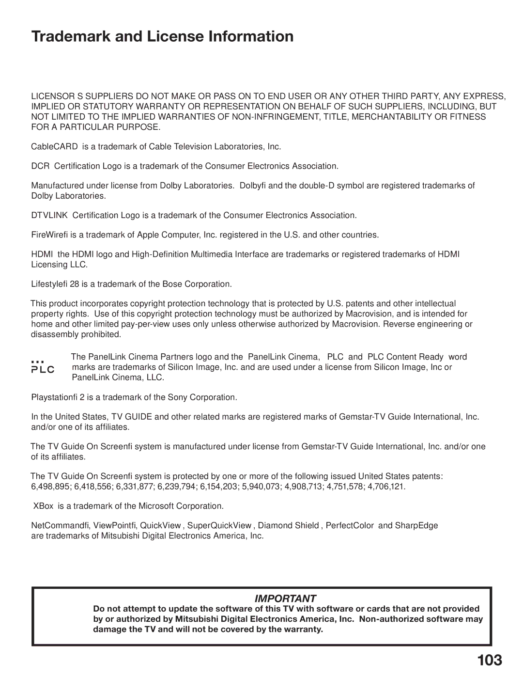 Mitsubishi Electronics WD-52527 manual Trademark and License Information, 103 