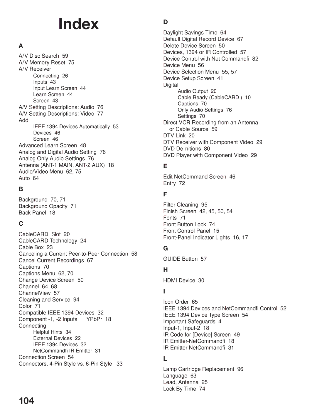 Mitsubishi Electronics WD-52527 manual Index, 104 