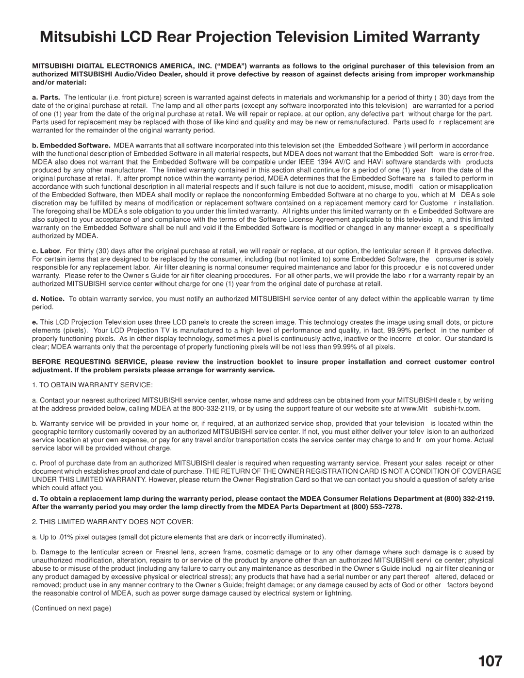Mitsubishi Electronics WD-52527 manual Mitsubishi LCD Rear Projection Television Limited Warranty, 107 