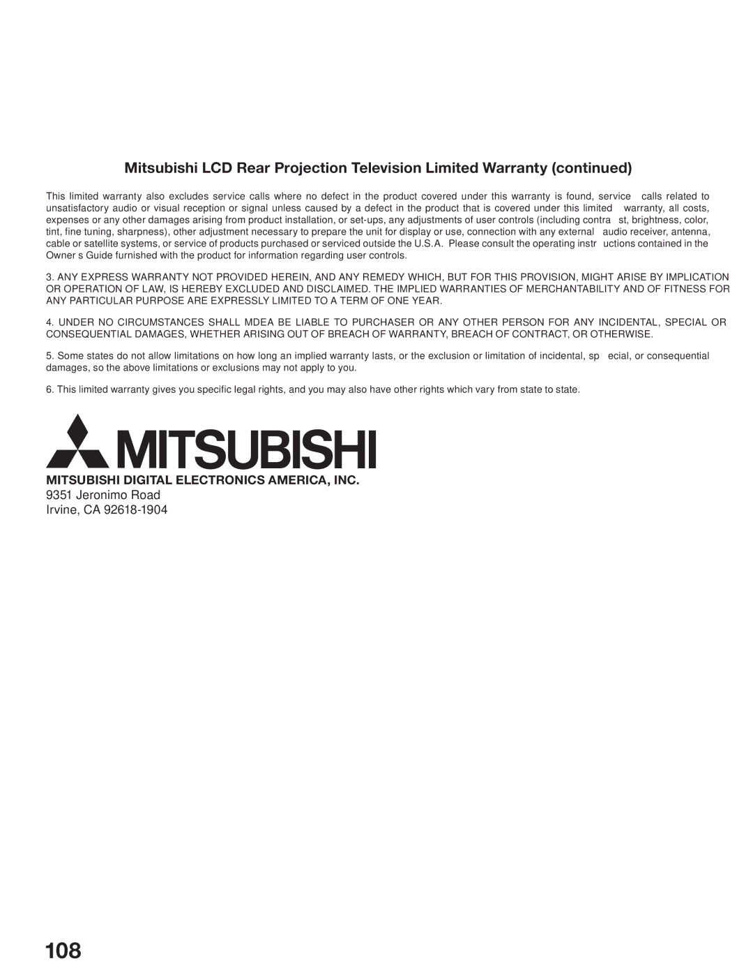 Mitsubishi Electronics WD-52527 manual 108, Mitsubishi LCD Rear Projection Television Limited Warranty 