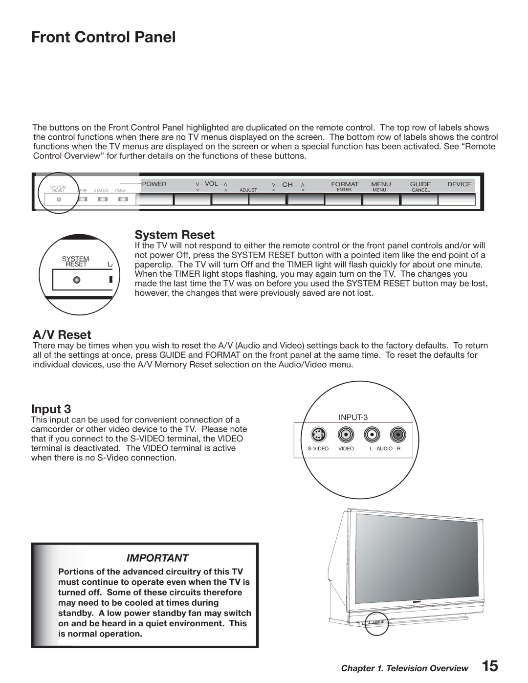 Mitsubishi Electronics WD-52527 manual Front Control Panel, System Reset, Input 